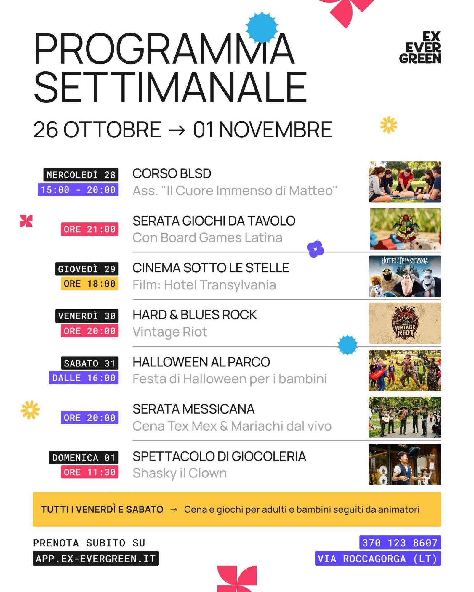 Ex Evergreen - Programma settimanale con Halloween al Parco