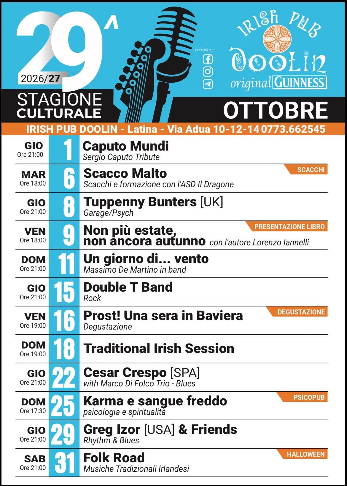 Stagione Culturale 2026/27 - Ottobre al Doolin