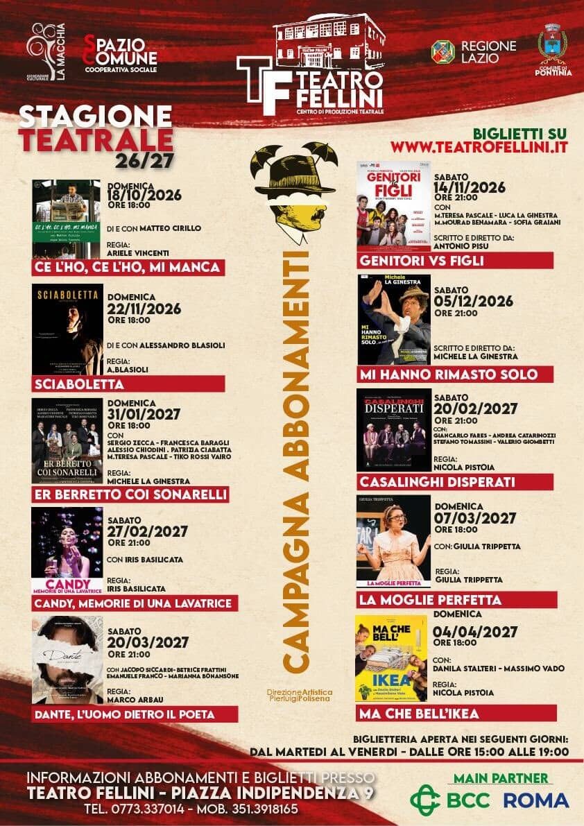 Stagione Teatrale 2026/27 del Teatro Fellini di Pontinia