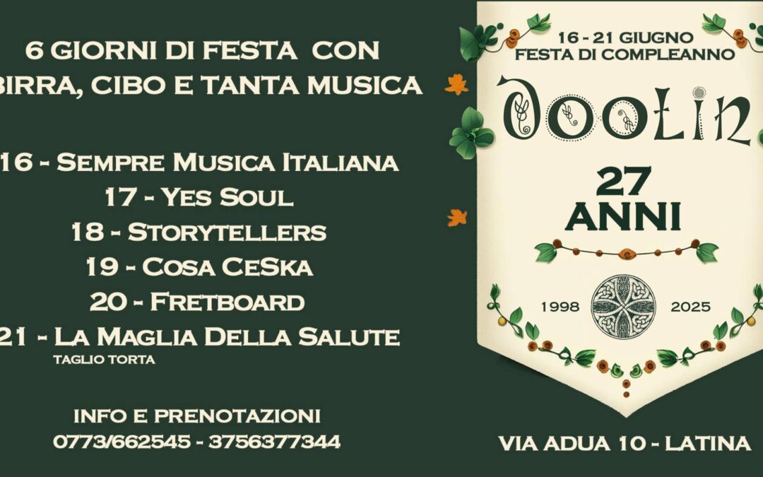 27° Compleanno Irish Pub Doolin – 6 Giorni di Festa con Birra, Cibo e Musica Live